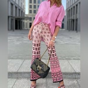 Zara Pink Geometric Women's High Rise Flare Leg Pants
